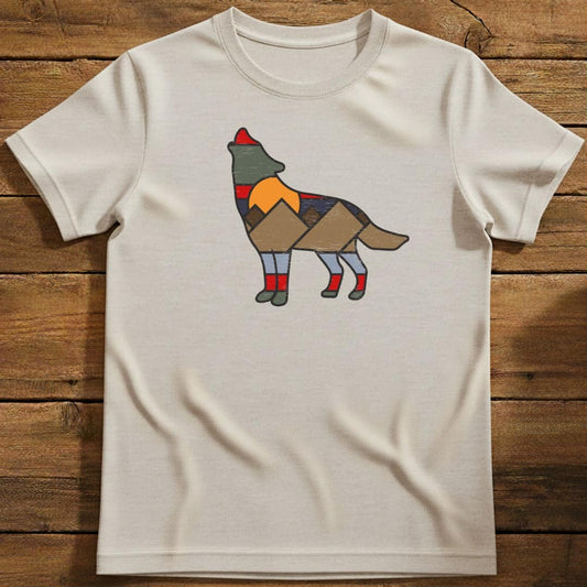 Sunset Wolf T-Shirt In Natural / S Lightweight adventure tee for outdoor lovers Perfect for hiking camping or road trips Made from soft breathable cotton for all-day comfort Ideal for nature lovers and adventurers FAYO Threads outdoor apparel remember Fun Awaits You Outside