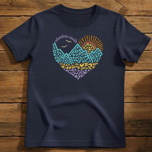Adventure Heart T-Shirt In Navy / S Lightweight adventure tee for outdoor lovers Perfect for hiking camping or road trips Made from soft breathable cotton for all-day comfort Ideal for nature lovers and adventurers FAYO Threads outdoor apparel remember Fun Awaits You Outside