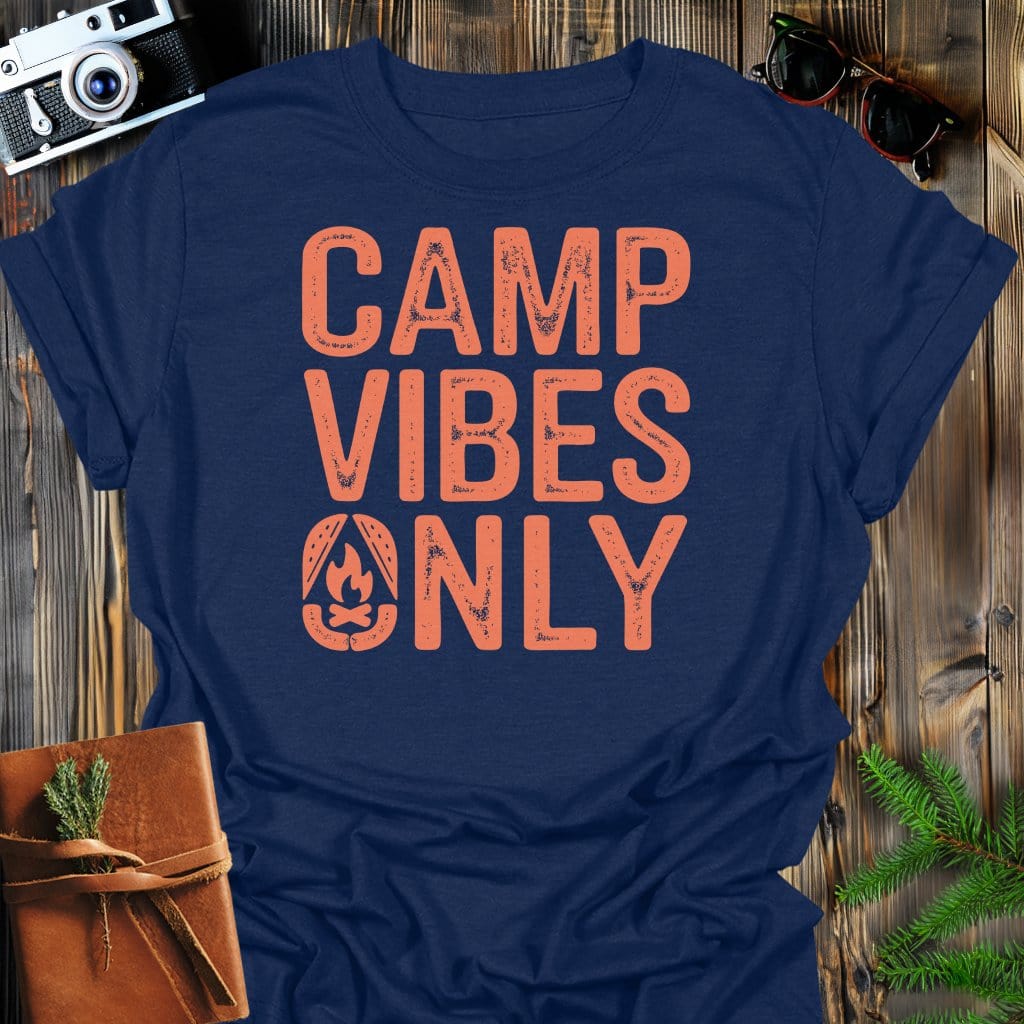 Camp Vibes T-Shirt In Navy / S Lightweight adventure tee for outdoor lovers Perfect for hiking camping or road trips Made from soft breathable cotton for all-day comfort Ideal for nature lovers and adventurers FAYO Threads outdoor apparel remember Fun Awaits You Outside