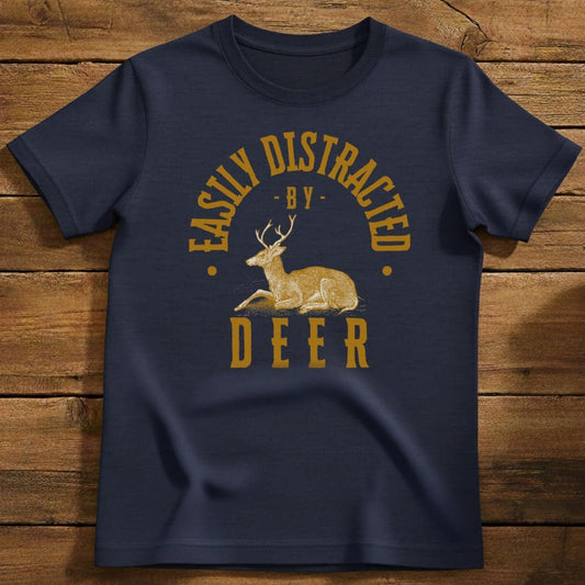 Distracted By Deer T-Shirt In Navy / S Lightweight adventure tee for outdoor lovers Perfect for hiking camping or road trips Made from soft breathable cotton for all-day comfort Ideal for nature lovers and adventurers FAYO Threads outdoor apparel remember Fun Awaits You Outside