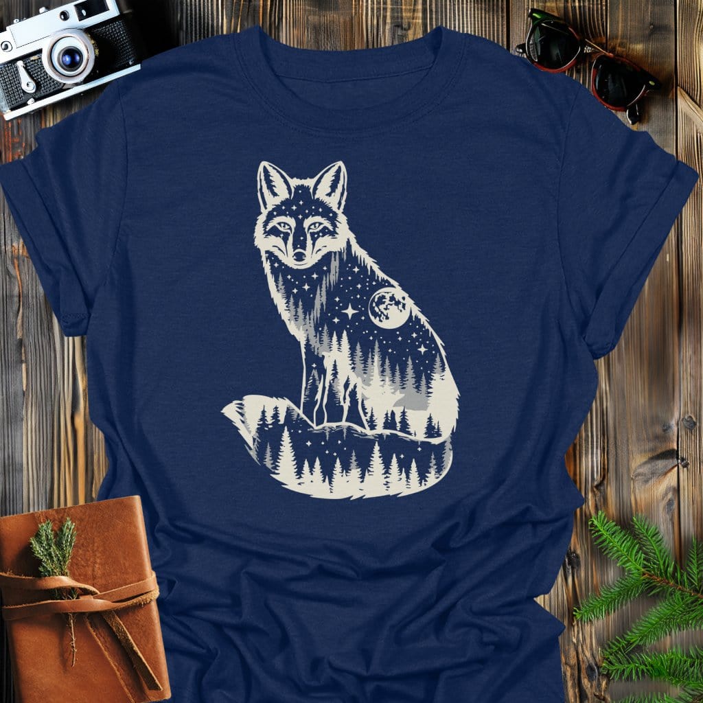 Moonlit Fox T-Shirt In Navy / S Lightweight adventure tee for outdoor lovers Perfect for hiking camping or road trips Made from soft breathable cotton for all-day comfort Ideal for nature lovers and adventurers FAYO Threads outdoor apparel remember Fun Awaits You Outside
