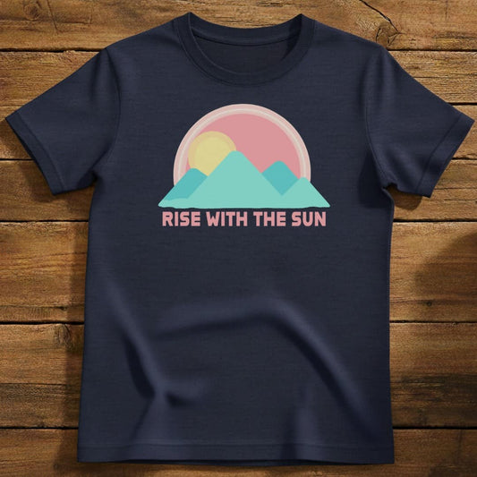 Rise with the Sun T-Shirt In Navy / S Lightweight adventure tee for outdoor lovers Perfect for hiking camping or road trips Made from soft breathable cotton for all-day comfort Ideal for nature lovers and adventurers FAYO Threads outdoor apparel remember Fun Awaits You Outside