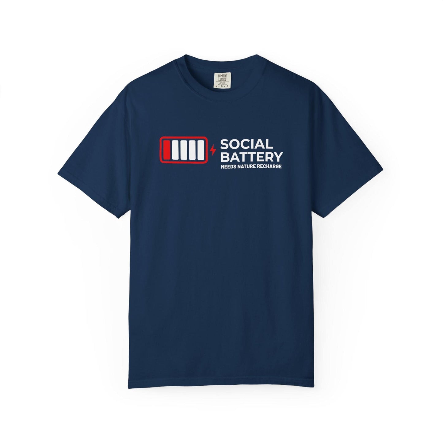 Socail Battery Needs Recharge T-Shirt In Navy / S Lightweight adventure tee for outdoor lovers Perfect for hiking camping or road trips Made from soft breathable cotton for all-day comfort Ideal for nature lovers and adventurers FAYO Threads outdoor apparel remember Fun Awaits You Outside