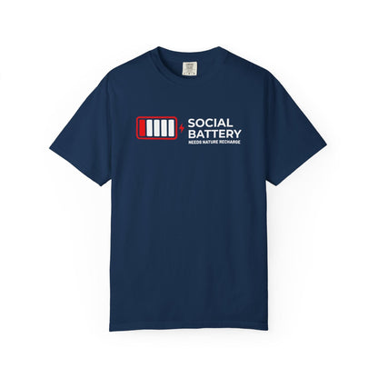 Socail Battery Needs Recharge T-Shirt In Navy / S Lightweight adventure tee for outdoor lovers Perfect for hiking camping or road trips Made from soft breathable cotton for all-day comfort Ideal for nature lovers and adventurers FAYO Threads outdoor apparel remember Fun Awaits You Outside