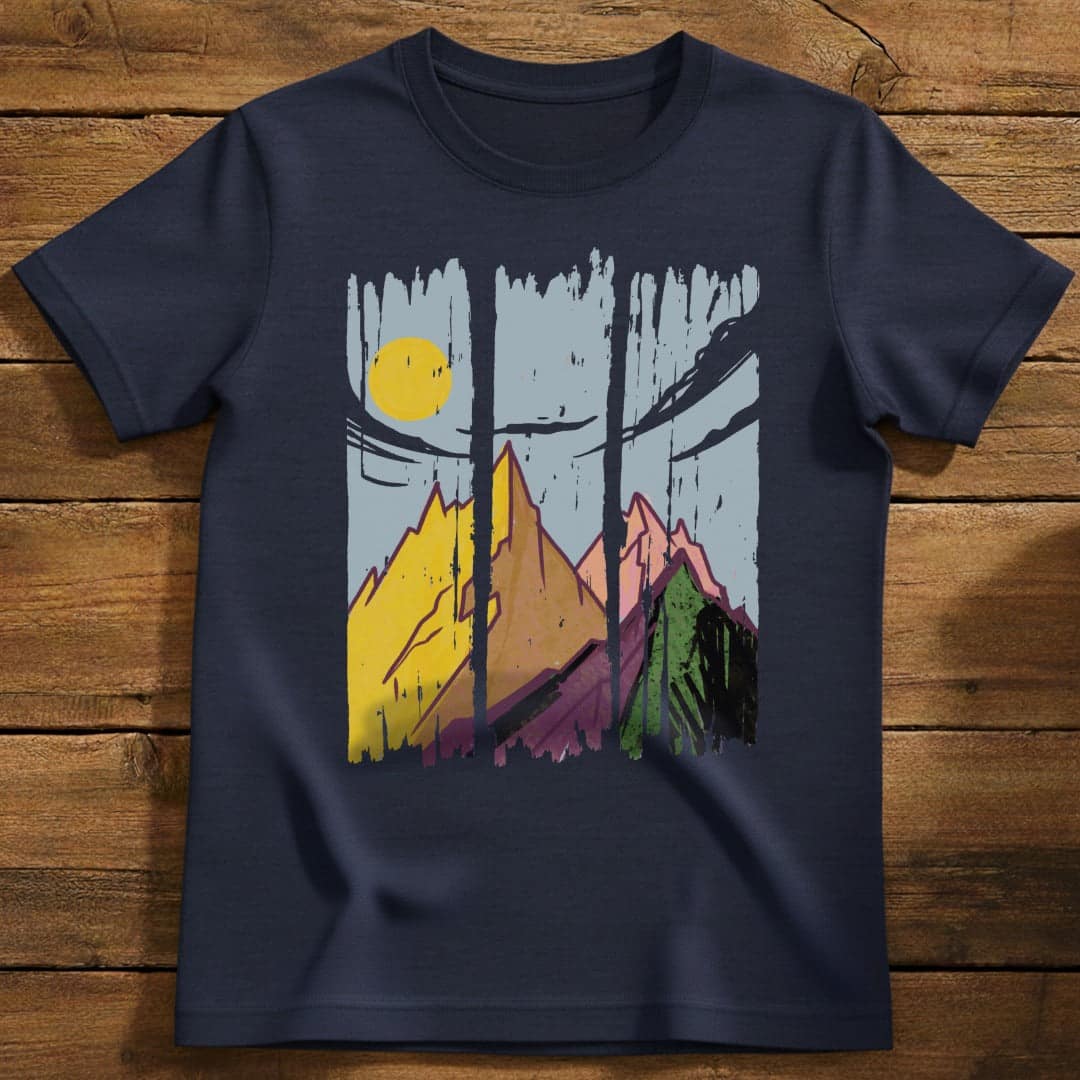 Sunset Peaks T-Shirt In Navy / S Lightweight adventure tee for outdoor lovers Perfect for hiking camping or road trips Made from soft breathable cotton for all-day comfort Ideal for nature lovers and adventurers FAYO Threads outdoor apparel remember Fun Awaits You Outside