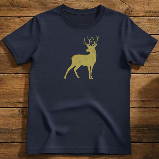 Vintage Golden Buck T-Shirt In Navy / S Lightweight adventure tee for outdoor lovers Perfect for hiking camping or road trips Made from soft breathable cotton for all-day comfort Ideal for nature lovers and adventurers FAYO Threads outdoor apparel remember Fun Awaits You Outside