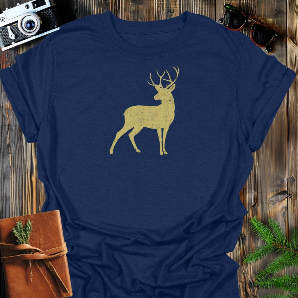 Vintage Golden Buck T-Shirt In Navy / S Lightweight adventure tee for outdoor lovers Perfect for hiking camping or road trips Made from soft breathable cotton for all-day comfort Ideal for nature lovers and adventurers FAYO Threads outdoor apparel remember Fun Awaits You Outside