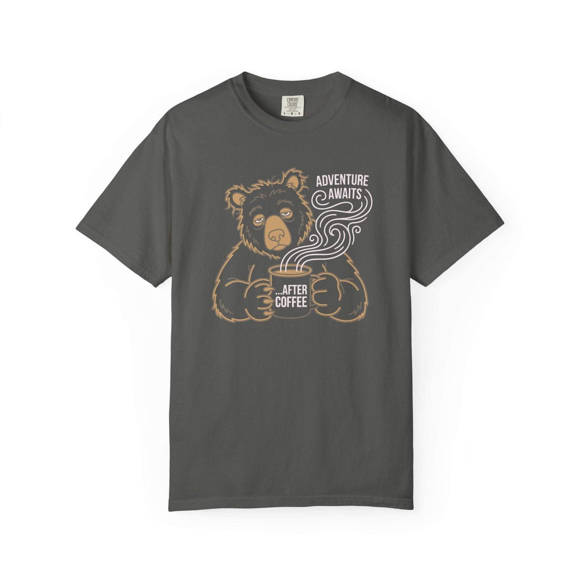 Adventure After Coffee T-Shirt In Pepper / S Lightweight adventure tee for outdoor lovers Perfect for hiking camping or road trips Made from soft breathable cotton for all-day comfort Ideal for nature lovers and adventurers FAYO Threads outdoor apparel remember Fun Awaits You Outside