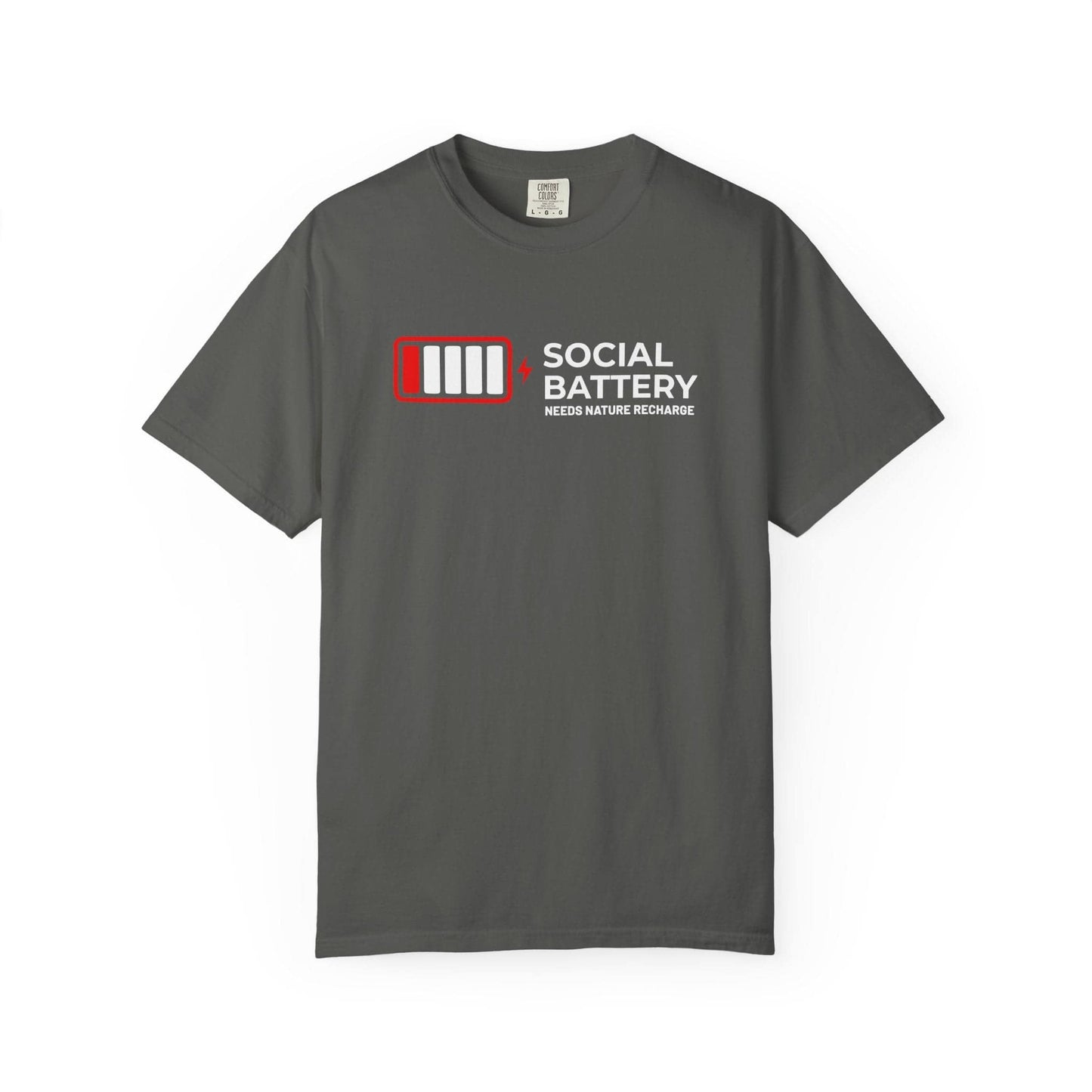 Socail Battery Needs Recharge T-Shirt In Pepper / S Lightweight adventure tee for outdoor lovers Perfect for hiking camping or road trips Made from soft breathable cotton for all-day comfort Ideal for nature lovers and adventurers FAYO Threads outdoor apparel remember Fun Awaits You Outside
