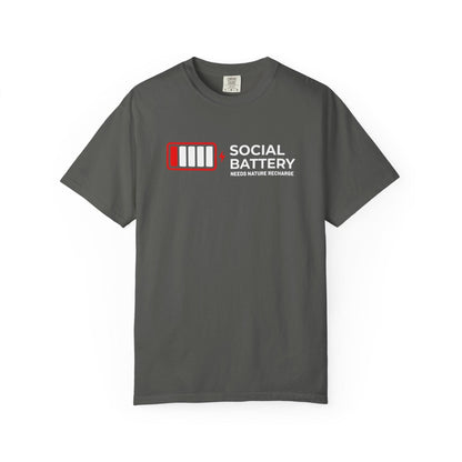 Socail Battery Needs Recharge T-Shirt In Pepper / S Lightweight adventure tee for outdoor lovers Perfect for hiking camping or road trips Made from soft breathable cotton for all-day comfort Ideal for nature lovers and adventurers FAYO Threads outdoor apparel remember Fun Awaits You Outside