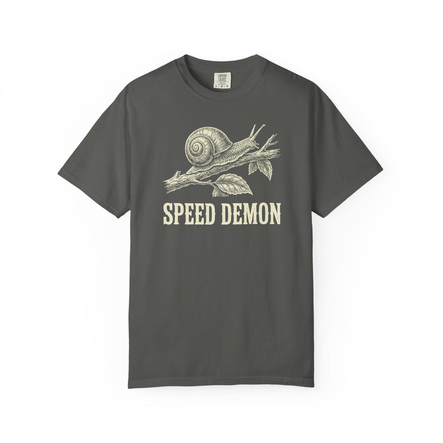 Speed Demon Snail T-Shirt In Pepper / S Lightweight adventure tee for outdoor lovers Perfect for hiking camping or road trips Made from soft breathable cotton for all-day comfort Ideal for nature lovers and adventurers FAYO Threads outdoor apparel remember Fun Awaits You Outside