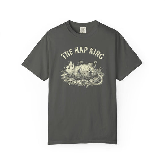 The Nap King T-Shirt In Pepper / S Lightweight adventure tee for outdoor lovers Perfect for hiking camping or road trips Made from soft breathable cotton for all-day comfort Ideal for nature lovers and adventurers FAYO Threads outdoor apparel remember Fun Awaits You Outside
