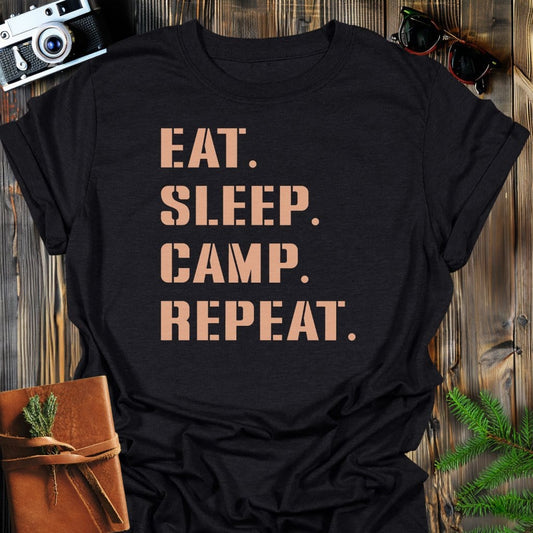 Camp Repeat T-Shirt In Black / S Lightweight adventure tee for outdoor lovers Perfect for hiking camping or road trips Made from soft breathable cotton for all-day comfort Ideal for nature lovers and adventurers FAYO Threads outdoor apparel remember Fun Awaits You Outside