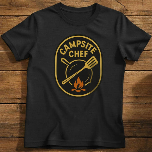 Campsite Chef T-Shirt In S / Black Lightweight adventure tee for outdoor lovers Perfect for hiking camping or road trips Made from soft breathable cotton for all-day comfort Ideal for nature lovers and adventurers FAYO Threads outdoor apparel remember Fun Awaits You Outside