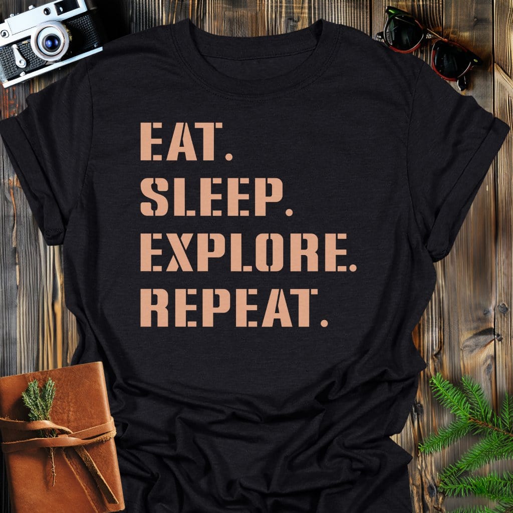 Explore Repeat T-Shirt In Black / S Lightweight adventure tee for outdoor lovers Perfect for hiking camping or road trips Made from soft breathable cotton for all-day comfort Ideal for nature lovers and adventurers FAYO Threads outdoor apparel remember Fun Awaits You Outside