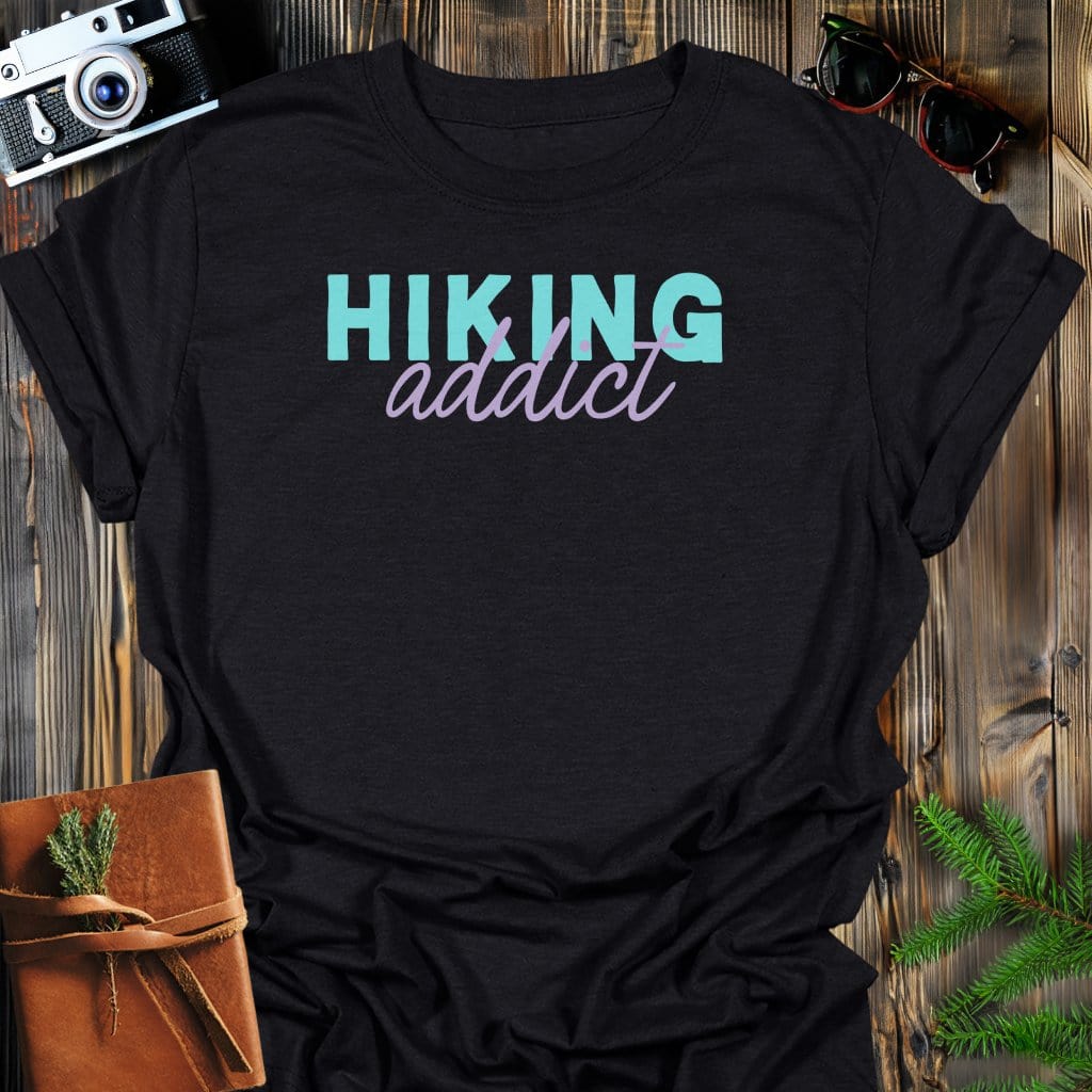 Hiking Addict T-Shirt In Black / S Lightweight adventure tee for outdoor lovers Perfect for hiking camping or road trips Made from soft breathable cotton for all-day comfort Ideal for nature lovers and adventurers FAYO Threads outdoor apparel remember Fun Awaits You Outside