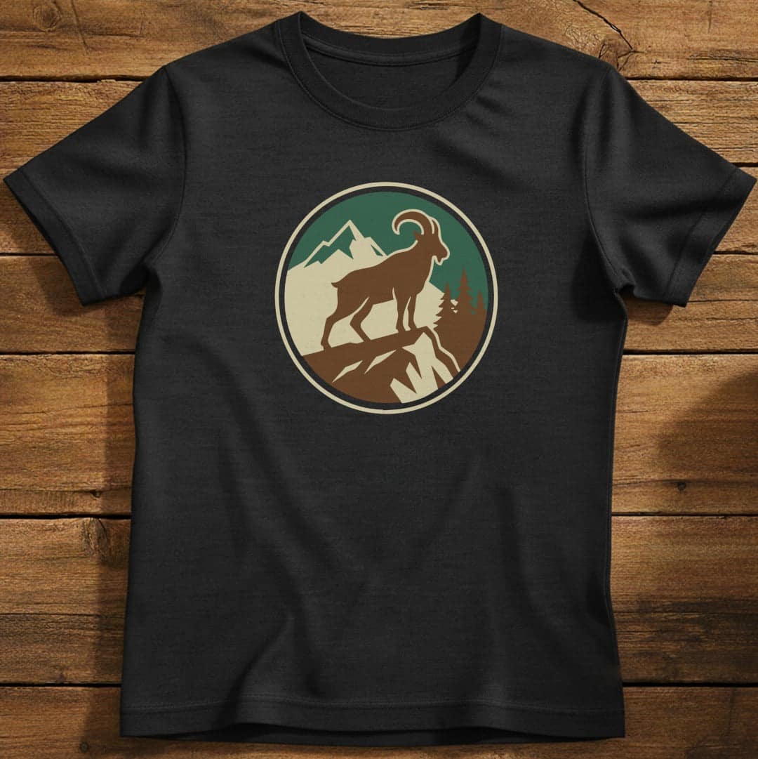 Mountain Goat Badge T-Shirt In S / Black Lightweight adventure tee for outdoor lovers Perfect for hiking camping or road trips Made from soft breathable cotton for all-day comfort Ideal for nature lovers and adventurers FAYO Threads outdoor apparel remember Fun Awaits You Outside