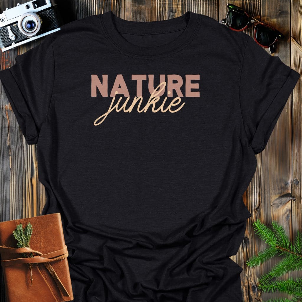 Nature Junkie T-Shirt In Black / S Lightweight adventure tee for outdoor lovers Perfect for hiking camping or road trips Made from soft breathable cotton for all-day comfort Ideal for nature lovers and adventurers FAYO Threads outdoor apparel remember Fun Awaits You Outside