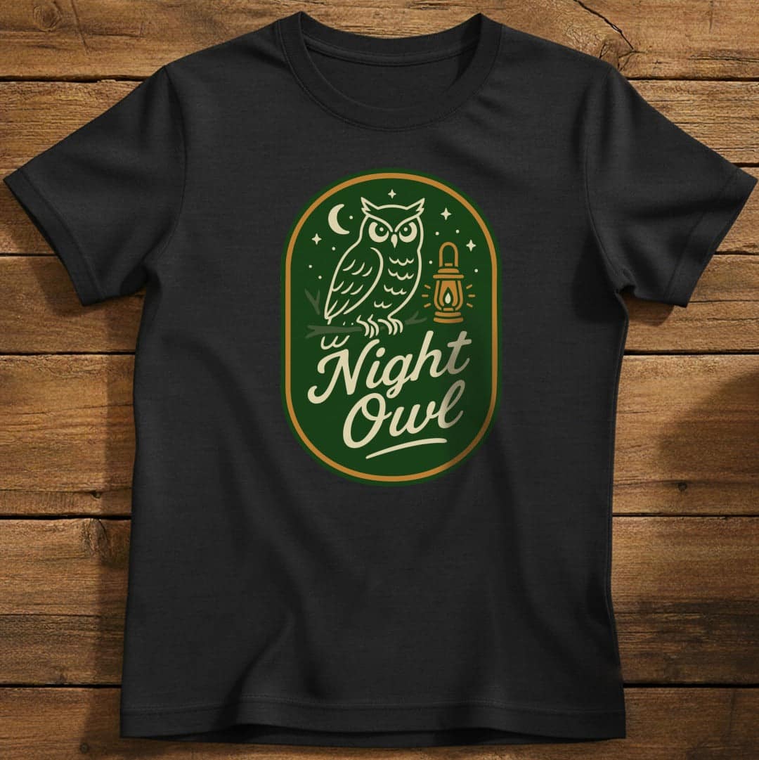 Night Owl T-Shirt In S / Black Lightweight adventure tee for outdoor lovers Perfect for hiking camping or road trips Made from soft breathable cotton for all-day comfort Ideal for nature lovers and adventurers FAYO Threads outdoor apparel remember Fun Awaits You Outside