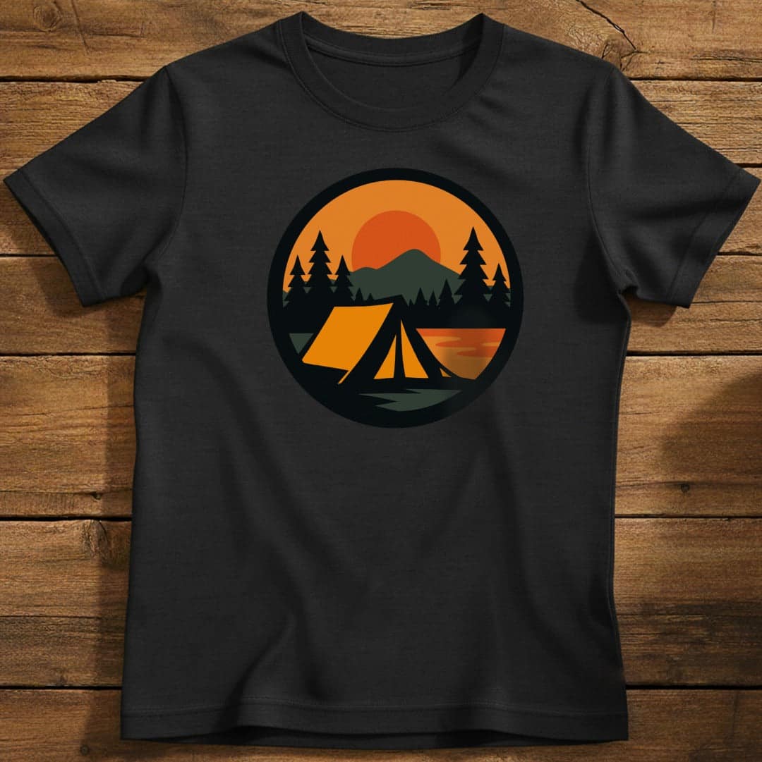 Sunset Tent T-Shirt In S / Black Lightweight adventure tee for outdoor lovers Perfect for hiking camping or road trips Made from soft breathable cotton for all-day comfort Ideal for nature lovers and adventurers FAYO Threads outdoor apparel remember Fun Awaits You Outside