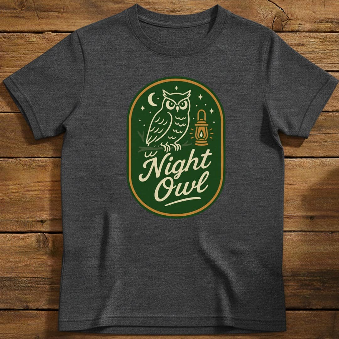 Night Owl T-Shirt In S / Dark Heather Lightweight adventure tee for outdoor lovers Perfect for hiking camping or road trips Made from soft breathable cotton for all-day comfort Ideal for nature lovers and adventurers FAYO Threads outdoor apparel remember Fun Awaits You Outside