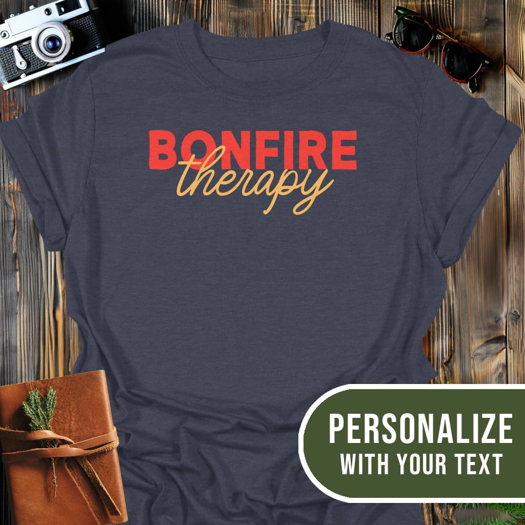 Personalized Bonfire Therapy T-Shirt In Dark Heather / S Lightweight adventure tee for outdoor lovers Perfect for hiking camping or road trips Made from soft breathable cotton for all-day comfort Ideal for nature lovers and adventurers FAYO Threads outdoor apparel remember Fun Awaits You Outside