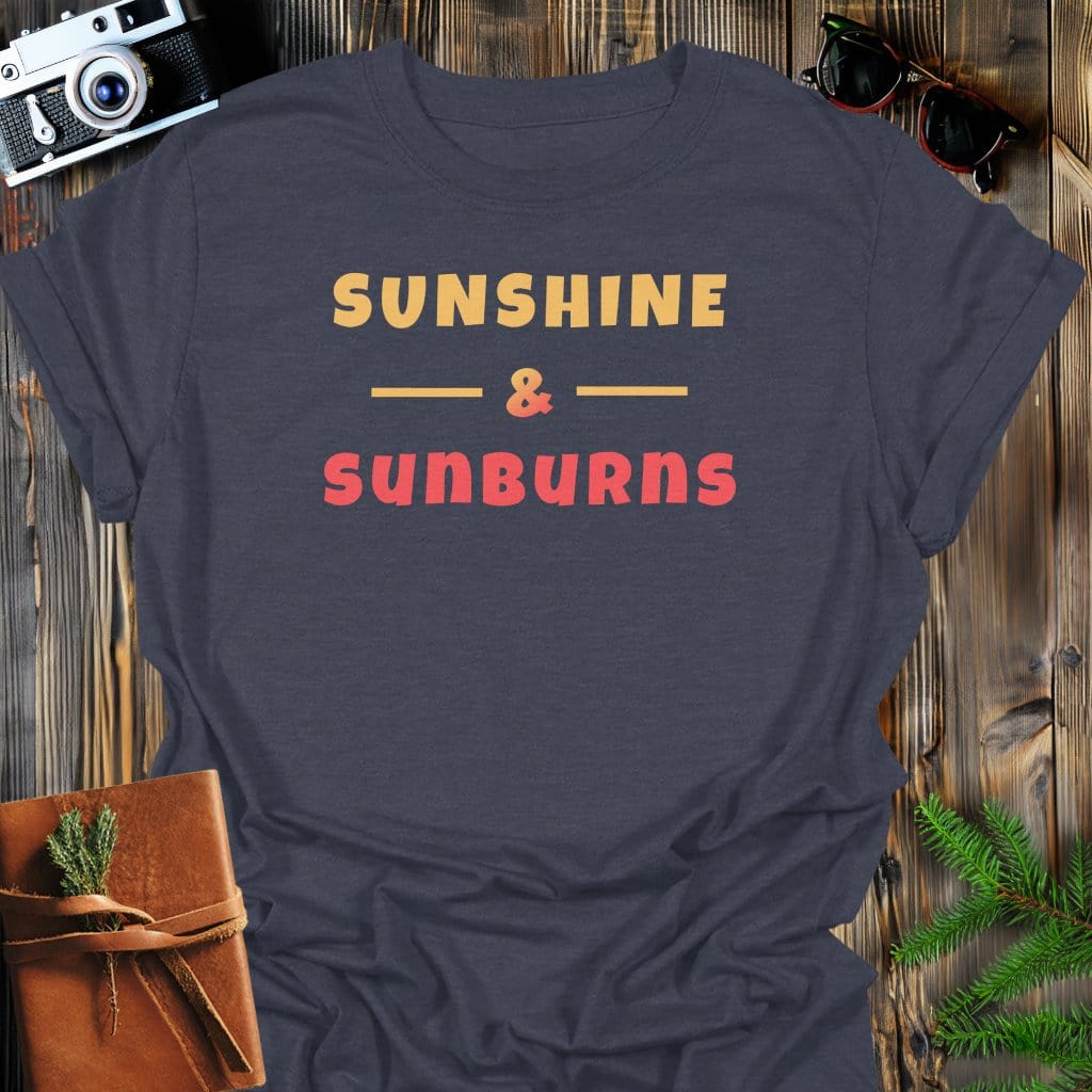 Sunshine & Sunburns T-Shirt In Dark Heather / S Lightweight adventure tee for outdoor lovers Perfect for hiking camping or road trips Made from soft breathable cotton for all-day comfort Ideal for nature lovers and adventurers FAYO Threads outdoor apparel remember Fun Awaits You Outside