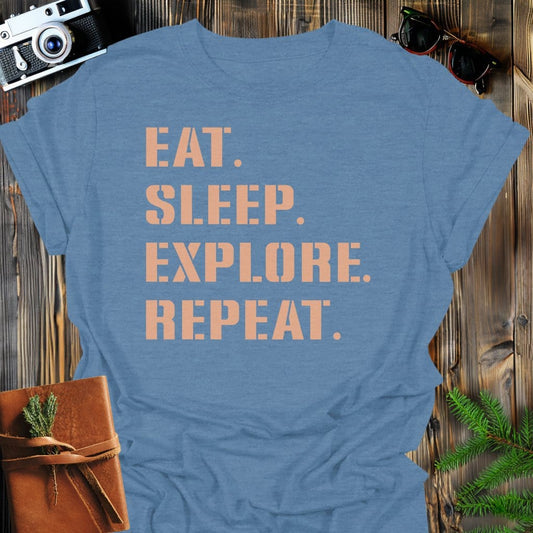Explore Repeat T-Shirt In Heather Indigo / S Lightweight adventure tee for outdoor lovers Perfect for hiking camping or road trips Made from soft breathable cotton for all-day comfort Ideal for nature lovers and adventurers FAYO Threads outdoor apparel remember Fun Awaits You Outside