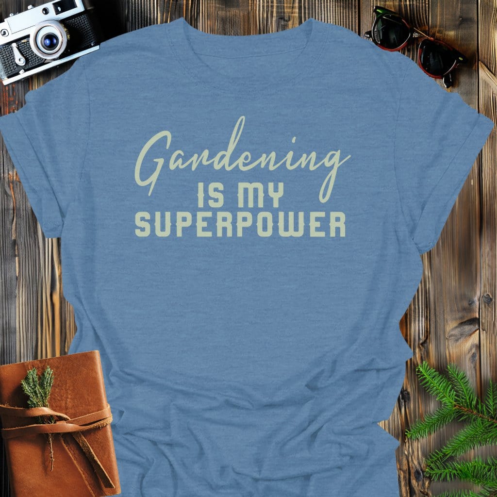 Gardening Superpower T-Shirt In Heather Indigo / S Lightweight adventure tee for outdoor lovers Perfect for hiking camping or road trips Made from soft breathable cotton for all-day comfort Ideal for nature lovers and adventurers FAYO Threads outdoor apparel remember Fun Awaits You Outside