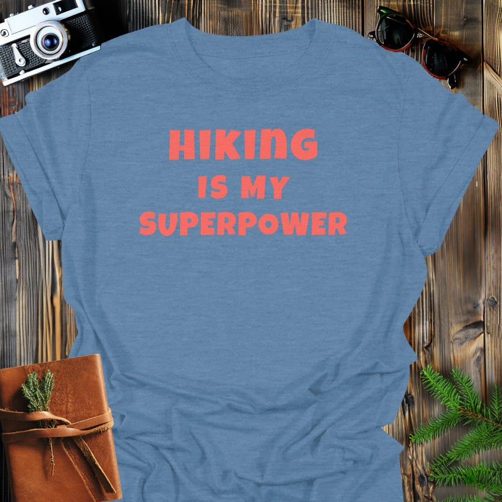 Hiking Superpower T-Shirt In Heather Indigo / S Lightweight adventure tee for outdoor lovers Perfect for hiking camping or road trips Made from soft breathable cotton for all-day comfort Ideal for nature lovers and adventurers FAYO Threads outdoor apparel remember Fun Awaits You Outside