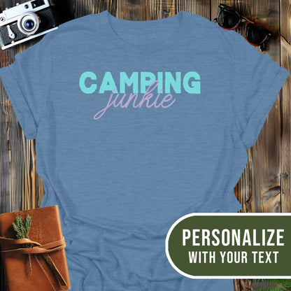 Personalized Camping Junkie T-Shirt In Heather Indigo / S Lightweight adventure tee for outdoor lovers Perfect for hiking camping or road trips Made from soft breathable cotton for all-day comfort Ideal for nature lovers and adventurers FAYO Threads outdoor apparel remember Fun Awaits You Outside