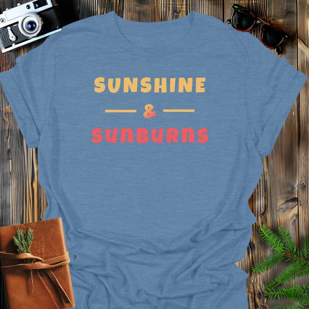 Sunshine & Sunburns T-Shirt In Heather Indigo / S Lightweight adventure tee for outdoor lovers Perfect for hiking camping or road trips Made from soft breathable cotton for all-day comfort Ideal for nature lovers and adventurers FAYO Threads outdoor apparel remember Fun Awaits You Outside