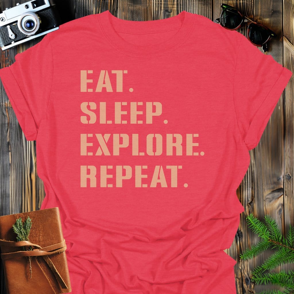 Explore Repeat T-Shirt In Heather Red / S Lightweight adventure tee for outdoor lovers Perfect for hiking camping or road trips Made from soft breathable cotton for all-day comfort Ideal for nature lovers and adventurers FAYO Threads outdoor apparel remember Fun Awaits You Outside