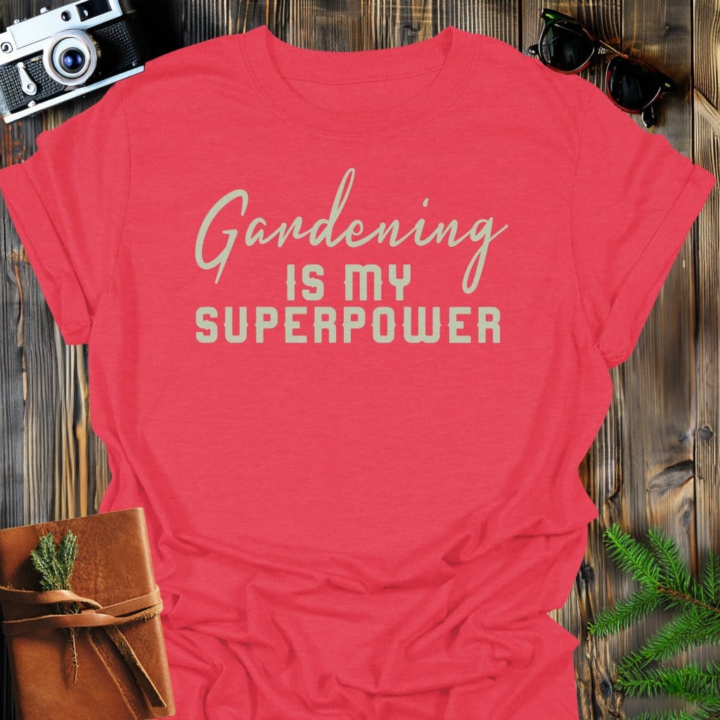 Gardening Superpower T-Shirt In Heather Red / S Lightweight adventure tee for outdoor lovers Perfect for hiking camping or road trips Made from soft breathable cotton for all-day comfort Ideal for nature lovers and adventurers FAYO Threads outdoor apparel remember Fun Awaits You Outside