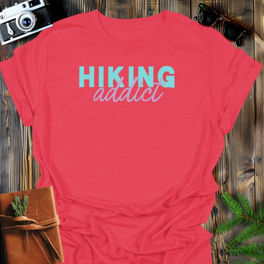 Hiking Addict T-Shirt In Heather Red / S Lightweight adventure tee for outdoor lovers Perfect for hiking camping or road trips Made from soft breathable cotton for all-day comfort Ideal for nature lovers and adventurers FAYO Threads outdoor apparel remember Fun Awaits You Outside