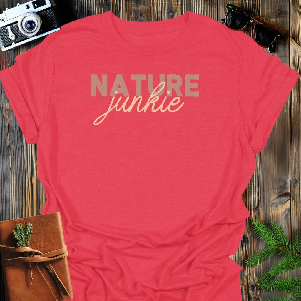 Nature Junkie T-Shirt In Heather Red / S Lightweight adventure tee for outdoor lovers Perfect for hiking camping or road trips Made from soft breathable cotton for all-day comfort Ideal for nature lovers and adventurers FAYO Threads outdoor apparel remember Fun Awaits You Outside