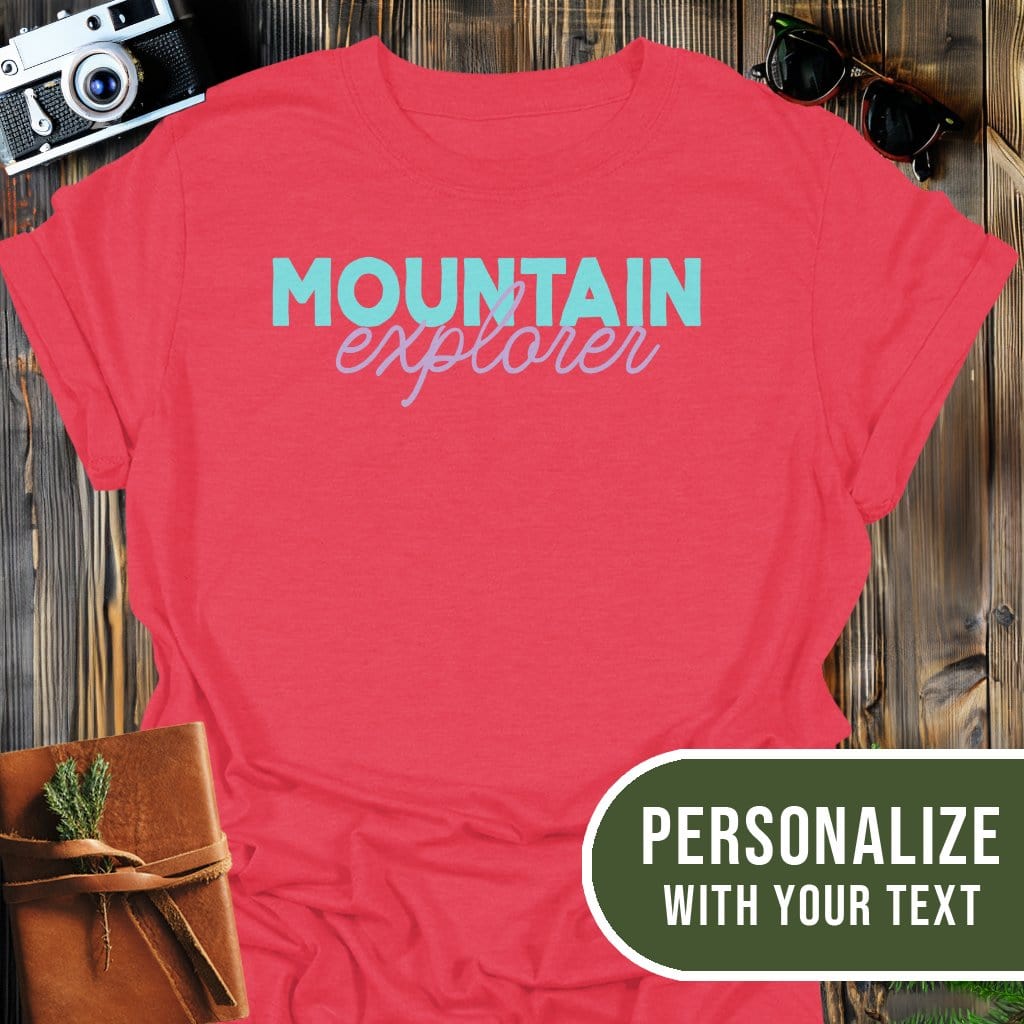 Personalized Mountain Explorer T-Shirt In Heather Red / S Lightweight adventure tee for outdoor lovers Perfect for hiking camping or road trips Made from soft breathable cotton for all-day comfort Ideal for nature lovers and adventurers FAYO Threads outdoor apparel remember Fun Awaits You Outside