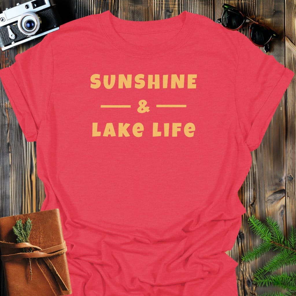 Sunshine Lake T-Shirt In Heather Red / S Lightweight adventure tee for outdoor lovers Perfect for hiking camping or road trips Made from soft breathable cotton for all-day comfort Ideal for nature lovers and adventurers FAYO Threads outdoor apparel remember Fun Awaits You Outside