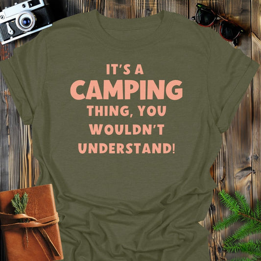 Camping Life T-Shirt In Military Green / S Lightweight adventure tee for outdoor lovers Perfect for hiking camping or road trips Made from soft breathable cotton for all-day comfort Ideal for nature lovers and adventurers FAYO Threads outdoor apparel remember Fun Awaits You Outside