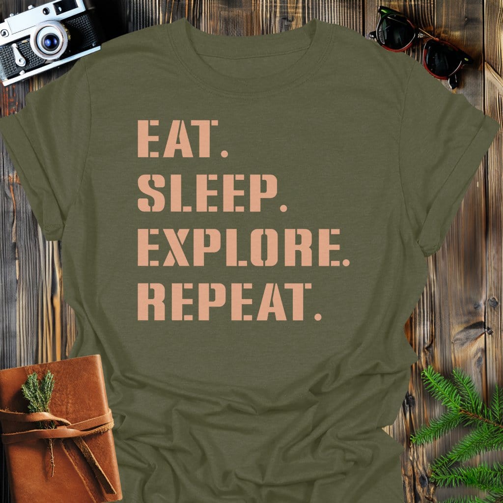 Explore Repeat T-Shirt In Military Green / S Lightweight adventure tee for outdoor lovers Perfect for hiking camping or road trips Made from soft breathable cotton for all-day comfort Ideal for nature lovers and adventurers FAYO Threads outdoor apparel remember Fun Awaits You Outside
