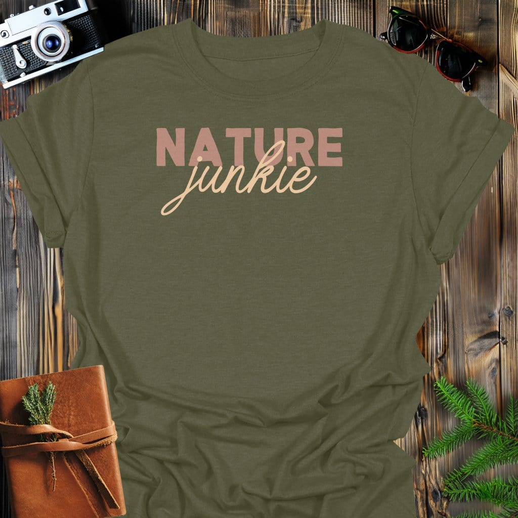 Nature Junkie T-Shirt In Military Green / S Lightweight adventure tee for outdoor lovers Perfect for hiking camping or road trips Made from soft breathable cotton for all-day comfort Ideal for nature lovers and adventurers FAYO Threads outdoor apparel remember Fun Awaits You Outside