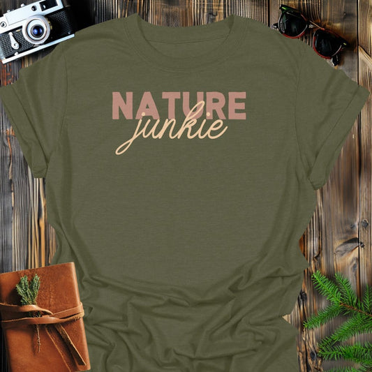 Nature Junkie T-Shirt In Military Green / S Lightweight adventure tee for outdoor lovers Perfect for hiking camping or road trips Made from soft breathable cotton for all-day comfort Ideal for nature lovers and adventurers FAYO Threads outdoor apparel remember Fun Awaits You Outside