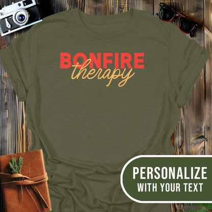Personalized Bonfire Therapy T-Shirt In Military Green / S Lightweight adventure tee for outdoor lovers Perfect for hiking camping or road trips Made from soft breathable cotton for all-day comfort Ideal for nature lovers and adventurers FAYO Threads outdoor apparel remember Fun Awaits You Outside