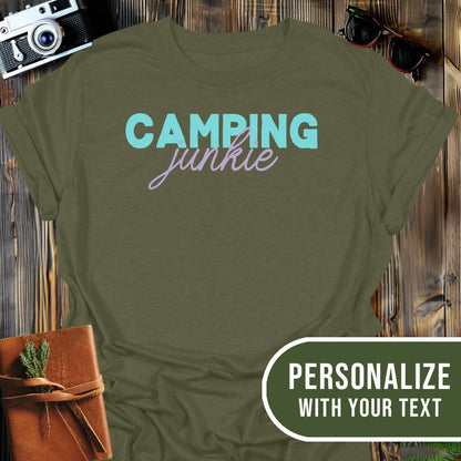 Personalized Camping Junkie T-Shirt In Military Green / S Lightweight adventure tee for outdoor lovers Perfect for hiking camping or road trips Made from soft breathable cotton for all-day comfort Ideal for nature lovers and adventurers FAYO Threads outdoor apparel remember Fun Awaits You Outside