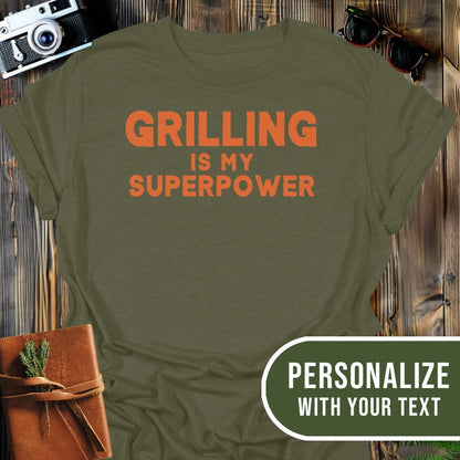 Personalized Grilling Superpower T-Shirt In Military Green / S Lightweight adventure tee for outdoor lovers Perfect for hiking camping or road trips Made from soft breathable cotton for all-day comfort Ideal for nature lovers and adventurers FAYO Threads outdoor apparel remember Fun Awaits You Outside