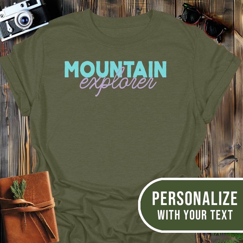Personalized Mountain Explorer T-Shirt In Military Green / S Lightweight adventure tee for outdoor lovers Perfect for hiking camping or road trips Made from soft breathable cotton for all-day comfort Ideal for nature lovers and adventurers FAYO Threads outdoor apparel remember Fun Awaits You Outside
