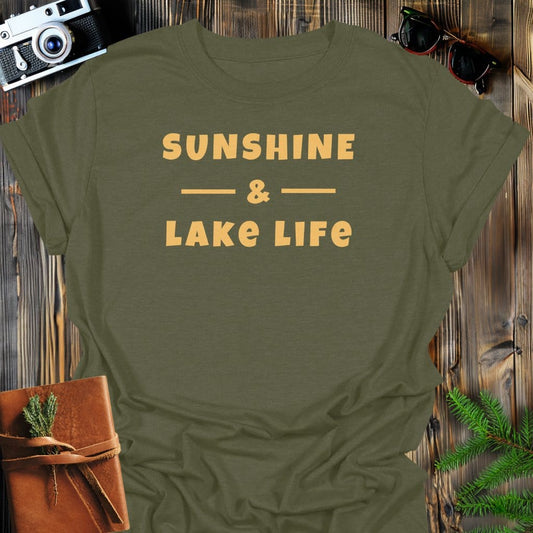 Sunshine Lake T-Shirt In Military Green / S Lightweight adventure tee for outdoor lovers Perfect for hiking camping or road trips Made from soft breathable cotton for all-day comfort Ideal for nature lovers and adventurers FAYO Threads outdoor apparel remember Fun Awaits You Outside