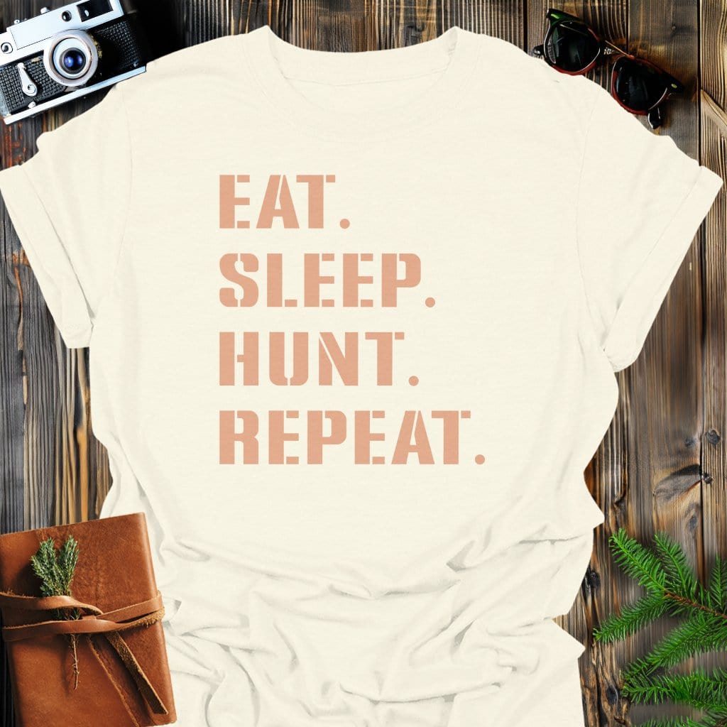 Hunt Repeat T-Shirt In Natural / S Lightweight adventure tee for outdoor lovers Perfect for hiking camping or road trips Made from soft breathable cotton for all-day comfort Ideal for nature lovers and adventurers FAYO Threads outdoor apparel remember Fun Awaits You Outside