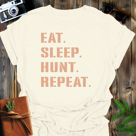 Hunt Repeat T-Shirt In Natural / S Lightweight adventure tee for outdoor lovers Perfect for hiking camping or road trips Made from soft breathable cotton for all-day comfort Ideal for nature lovers and adventurers FAYO Threads outdoor apparel remember Fun Awaits You Outside