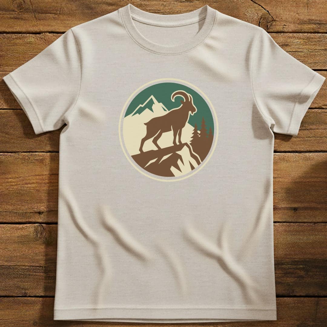 Mountain Goat Badge T-Shirt In S / Natural Lightweight adventure tee for outdoor lovers Perfect for hiking camping or road trips Made from soft breathable cotton for all-day comfort Ideal for nature lovers and adventurers FAYO Threads outdoor apparel remember Fun Awaits You Outside